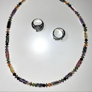 Multi-color bead necklace and two rings